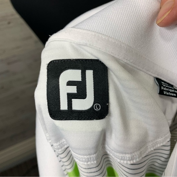 Footjoy Golf White Stripes Green Polo Shirt 1/4 Buttons Active Short Sleeve Sz L - Picture 8 of 12